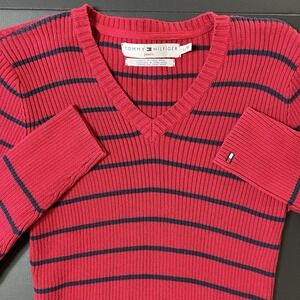 Tommy Hilfiger Pullover Sweater Women's L Red Blue Strip‎ Preppy Academia Y2K